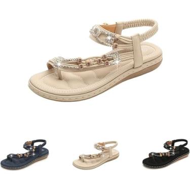 Imagem de Sandálias Ortopédicas Femininas Para Joanetes,Sandálias Estilo T-Strap Com Biqueira De Couro Estilo Bohemian, Vintage Com Miçangas E Strass(Beige,42 EU)