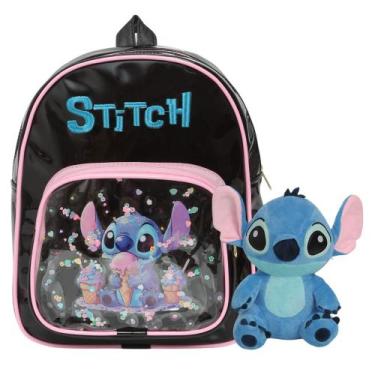 Imagem de Kit Mochila Infantil Stitch Feminina Cor Preta + Pelúcia - Plike