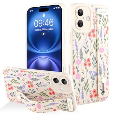 Imagem de AIGOMARA Capa protetora de silicone para iPhone 16 Plus com alça para mulheres e meninas, estampa floral fofa, branca