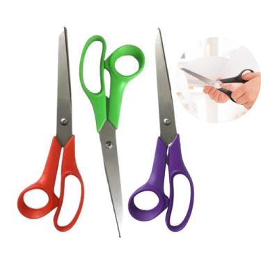 Imagem de Kit com 3 Tesoura Uso Geral Cores Sortidas Papel Tecido Escola Escritó