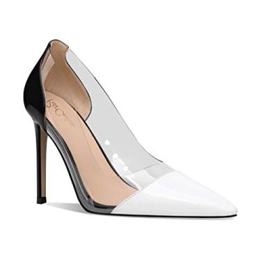 Imagem de Petit Cadeau Lenora – Sapato feminino transparente e sexy bico fino sem cadarço com salto alto stiletto de 10 cm. Feito à mão com perfeição., Black/White, 15