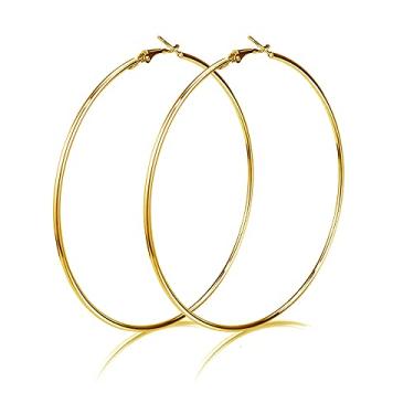 Imagem de Brincos de argola delicados 100 mm ouro amarelo 14 k prata grande grande para mulheres meninas orelhas sensíveis moda círculo redondo tamanho grande argola hipoalergênica argolas minimalistas finas argolas declaração joias presentes aniversário, Aço inoxidável, Sem pedra preciosa