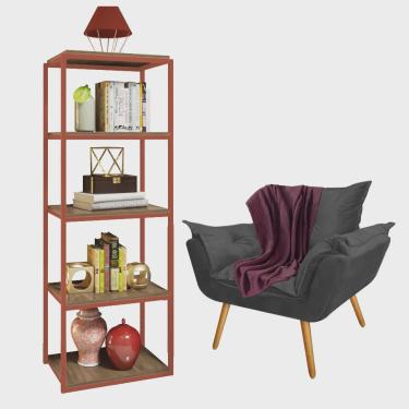 Imagem de Kit Poltrona Fatte com Manta Soft Bordô e Estante Livreiro Ferro Bronze mdf Imbuia Suede Cinza - Ahazzo Móveis