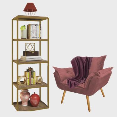 Imagem de Kit Poltrona Fatte com Manta Soft Bordô e Estante Livreiro Ferro Dourado mdf Rústico Su...