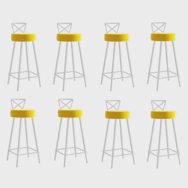 Imagem de Kit 08 Banqueta Alta Com Encosto Tânia Eiffel Cozinha Bar Bistrô Ferro Branco Sintético Amarelo - Ahz Móveis