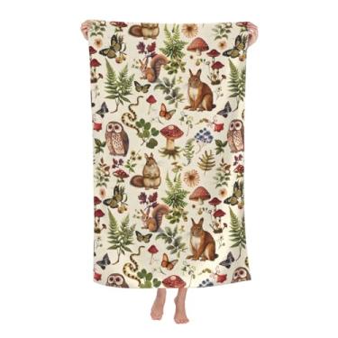 Imagem de VODRM Toalha de praia de animais da floresta, 81 x 132 cm, microfibra de secagem rápida, floresta, esquilo, coruja, cogumelo, borboleta, toalhas, macias, leves, sem areia, para viagens, piscina