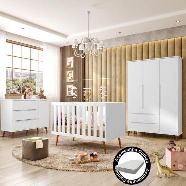 Imagem de Jogo de Quarto Infantil Retrô Melinda – Roupeiro, Cômoda e Berço Mini Cama Ana com Colchão - 100% mdf - Branco