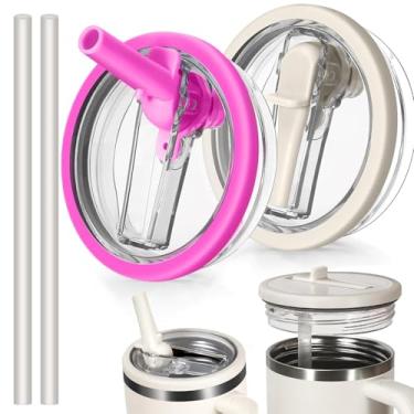 Imagem de 2 peças de tampa de canudo dobrável à prova de vazamento, compatível com copo Stanley Quencher, caneca de água de 1,134 g, capa à prova de derramamento, substituição perfeita para Stanley (bege e rosa