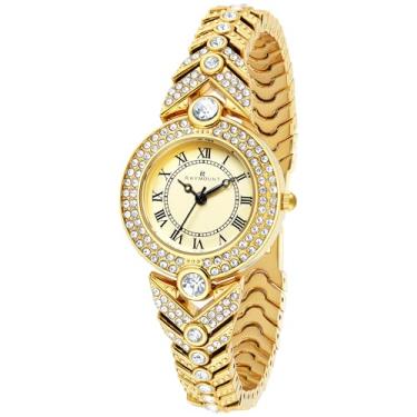 Imagem de FORSINING Relógios de pulso femininos de quartzo com pulseira de aço inoxidável, Amarelo