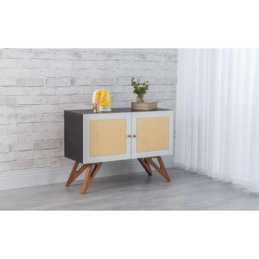 Imagem de Balcão Buffet Mdf Preto Pés Jatobá 2 Portas Palhinha Retrô Freddie (90