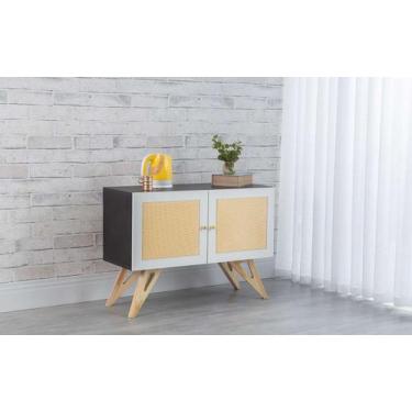 Imagem de Balcão Buffet Mdf Preto Pés Taeda 2 Portas Com Palhinha Retrô Freddie 