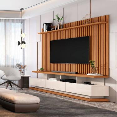 Imagem de Rack com Painel Ripado para Tv até 72 Polegadas 3 Gavetas e Pés com Rodízios Vivare Classic Off White/ Marrom