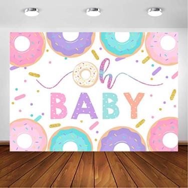 Imagem de Avezano Pano de fundo Oh Baby Donut para decoração de festa de chá de bebê, fundo fotográfico, doce, rosquinha, polvilha, confete Oh Baby It's a Girl Boy Party Photoshoot (3 x 2 m)