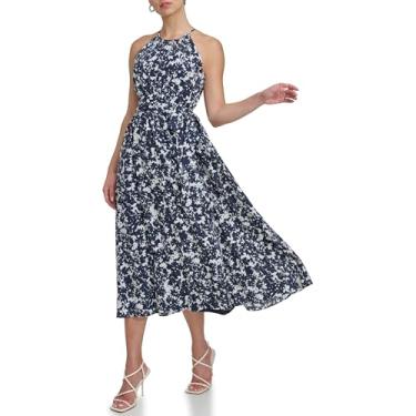 Imagem de DKNY Vestido feminino com gola V e manga esvoaçante, Marfim/azul-marinho, 36