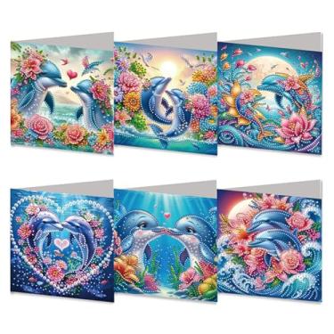 Imagem de MaiYiYi Pacote com 6 cartões de felicitações DIY Dolphin Diamond Painting Greeting Cards, Love Dolphin Diamond Art Cards with Envelopes, Lotus Diamond Art Greeting Cards for Family Friends Holiday