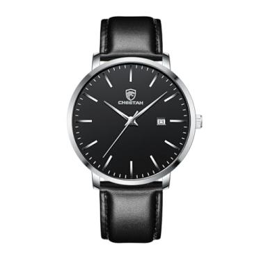 Imagem de CHEETAH Relógios masculinos minimalistas de quartzo à prova d'água com pulseira de couro, data automática, Prata/preto, Minimalista, simples, casual