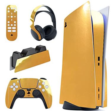 Imagem de PlayVital Adesivo dourado cromado brilhante conjunto completo para PS5 Console Disc Edition, adesivo para PS5 Vinyl Decal Cover para controle PlayStation 5 e estação de carregamento, fone de ouvido e controle remoto de mídia