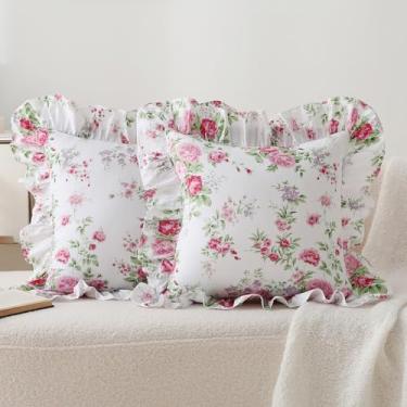 Imagem de YOKKITA Pacote com 2 capas de almofada floral com babados 45,7 x 45,7 cm, 100% algodão, rústico, rústico, vintage, decorativo, para cama (rosa gasta, 45,7 x 45,7 cm)