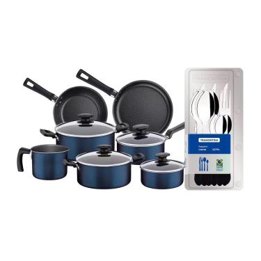 Imagem de Conjunto de Panelas 7 Peças Tramontina Bergamo Antiaderente e Tampas de Vidro - Azul + Faqueiro 12 Peças Leme com Lâminas em Aço Inox - Preto