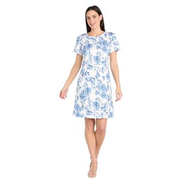Imagem de Vestido elegante de linho floral branco e azul - leve verão clássico, branco/azul, 40