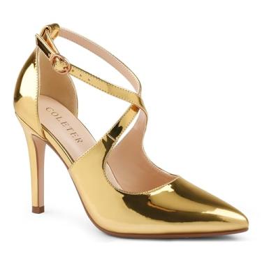 Imagem de COLETER Sapato social feminino de 10 cm bico fino D'Orsay salto alto salto alto cruzado tira no tornozelo, Patente de ouro, 35