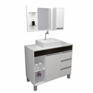 Imagem de Armário Para Banheiro/ Lavabo Fit Supreme 97 Cm Branco Com ébano C/cuba + Espelheira Com Espelho + Torneira E Válvula