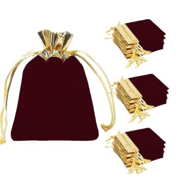 Imagem de zmgmsmh 7 x 9 cm vinho tinto, 30 peças, sacos de presente de veludo com cordão com bordas douradas para pequenas bolsas de joias de presente, lembrancinhas de casamento, sacos de dados (7 x 9 cm vinho