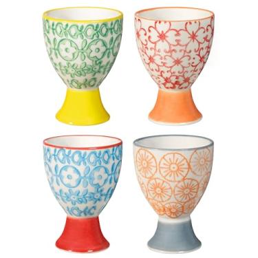 Imagem de Nordring Copos de ovos Carla com padrão, colorido, grés, conjunto de 4 estilos, decoração de carimbo feito à mão