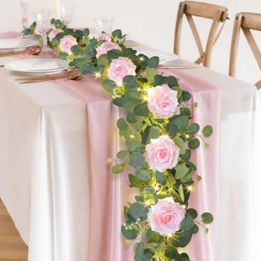 Imagem de MACTING Guirlanda De Flores 2 Metros Com Luzes - Gypsophila Primavera, Eucalipto, 12 Rosas Rosas, Folhagens Florais Artificiais, Trepadeira Para Centro Mesa Em Arco, Cenário Festa, Decoração Casamen