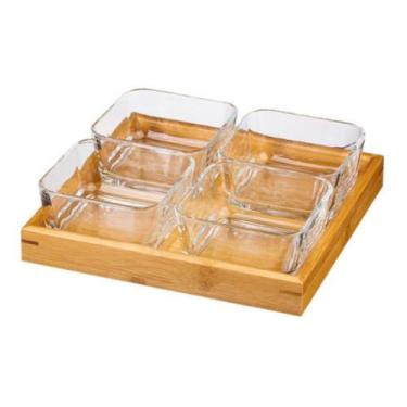 Imagem de Jogo Petisqueira Bambu com 4 Potes de Vidro Bandeja para Aperitivos Qu