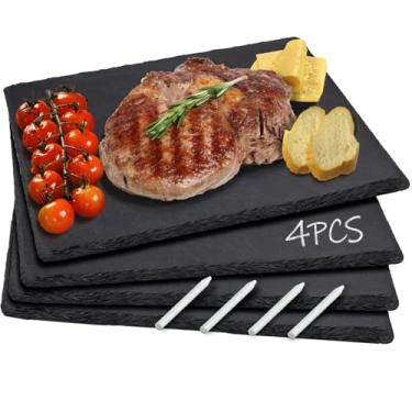 Imagem de LOSYHU Pacote com 4 tábuas de queijos de ardósia de 30 x 25 cm, tábuas de charcutaria de ardósia preta, bandeja retangular de prato de pedra natural com 4 gizes de pedra para servir alimentos, carnes