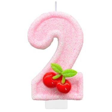 Imagem de Velas de aniversário de cereja, número 2 para bolo, decoração de festa de aniversário, enfeite de bolo, enfeite de cupcake para decoração de festa