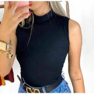 Imagem de Blusa feminina gola alta manga cavada malha canelada - Filo modas, Ver