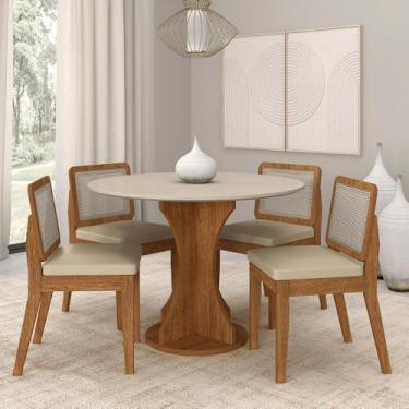 Imagem de Mesa Redonda Andria 4 Cadeiras Sextavadas Freijó/off/corino Bege - M.a Freijó/off Premium/corino Bege