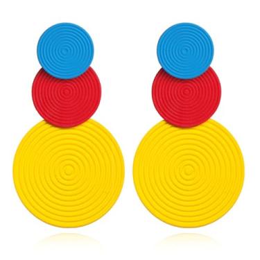 Imagem de QLYOVWE Brincos femininos de disco redondo de ouro vintage, feitos à mão, de liga redonda, brincos pendentes exclusivos dos anos 60, 70, 80, brincos de neon, boêmio, verão, praia, joias, Medium, Metal