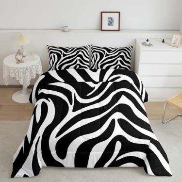 Imagem de Conjunto de edredom listrado zebra, tamanho casal, pele de animal selvagem, para decoração de quarto de crianças, meninos e meninas, conjunto de edredom de microfibra macia, preto e branco, geométrico