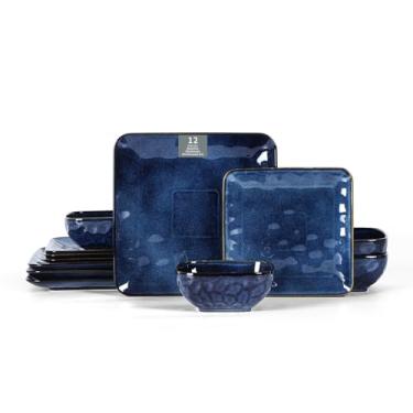 Imagem de vicrays Conjunto de louça quadrada de cerâmica com 12 peças - Pratos de jantar, pratos de salada, tigelas de cereais, serviço para 4 - resistente a arranhões, micro-ondas, forno, lava-louças - azul