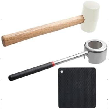Imagem de YiePhiot Ferramentas de abridor de coco com martelo, ferramenta de coco jovem super segura e fácil de abrir, conjunto de abridor de coco de grau alimentício, martelo de borracha com alça (com tapete