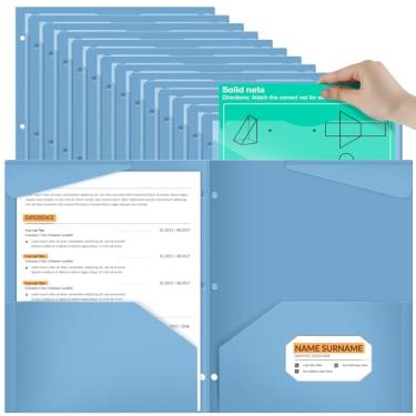 Imagem de Henoyso Pacote com 60, 2 pastas de bolso com bolso frontal transparente, pastas resistentes de plástico perfurado de 3 furos com bolsos para pastas de fichário de 3 anéis para suporte de papel de 28 x