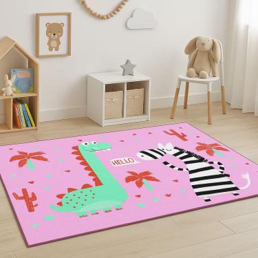 Imagem de Tapete Infantil Emborrachado Antiderrapante 100x140cm - Dino Rosa