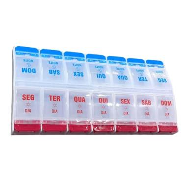 Imagem de Porta Comprimidos Semanal, 14 Compartimentos, 22 x 11,2 x 2,6 cm, Disponível em Cores Sortidas Caixinha de Remédio Organizador de Medicamento Estojo (15 azul e vermelho)