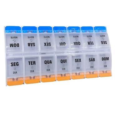 Imagem de Porta Comprimidos Semanal, 14 Compartimentos, 22 x 11,2 x 2,6 cm, Disponível em Cores Sortidas Caixinha de Remédio Organizador de Medicamento Estojo (15 azul e laranja)