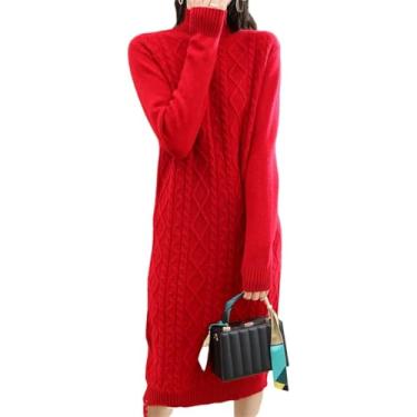 Imagem de 100% Pura Lã Merino Malha Midi Vestido Para Mulheres Grosso Torcido Longo Jumper, Red, M