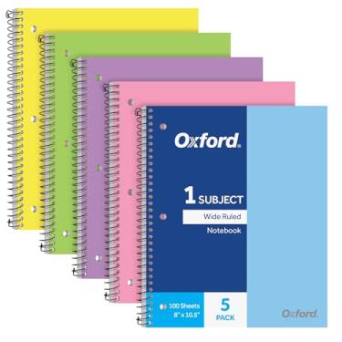 Imagem de Oxford Caderno espiral para 1 matéria, cadernos para escola, capas de plástico, material de volta às aulas, pautado largo, 100 folhas, pacote com 5, cores pastel sortidas: azul, verde, amarelo, rosa e