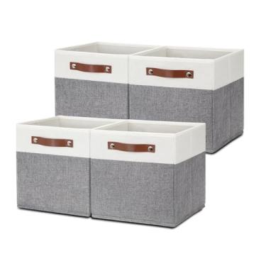 Imagem de Cestas HNZIGE quadradas de armazenamento para organização, de tecido, com alças, dobráveis, para prateleiras, closet, berçário, casa, brinquedos, 28 x 28 cm, 4 unidades (branco e cinza)