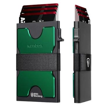 Imagem de Carteira masculina fina com porta-cartões minimalista com bloqueio de RFID com função pop-up, design ultrafino, estojos para cartões de visita de metal para mais de 12 cartões, presentes para homens