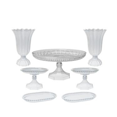 Imagem de Kit Cristal Boleira Lapidada 24x11+2 Vasos+2 Mini Boleiras Perola+ 2 Bandejas Perola 20x13cm