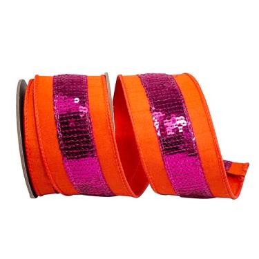 Imagem de Reliant Ribbon Fita de borda com fio Dupioni listrada de lantejoulas, laranja/fúcsia