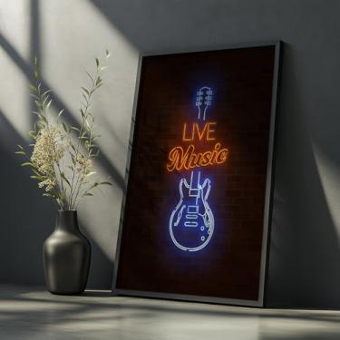 Imagem de Quadro Decorativo Live Music Com Moldura Arte Neon Guitarra Música Ao Vivo Parede Moderna Decor Rock Bar Estilo Noturno