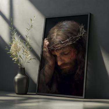 Imagem de Quadro Decorativo Jesus Coroa Espinhos Com Moldura Arte Religiosa Fé Cristã Crucificação Paixão Decoração Lar Igreja